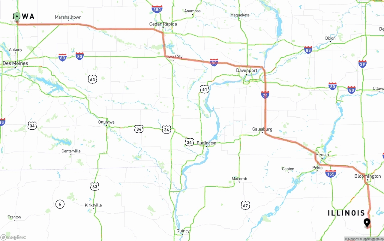 Shipping route from Iowa to Illinois