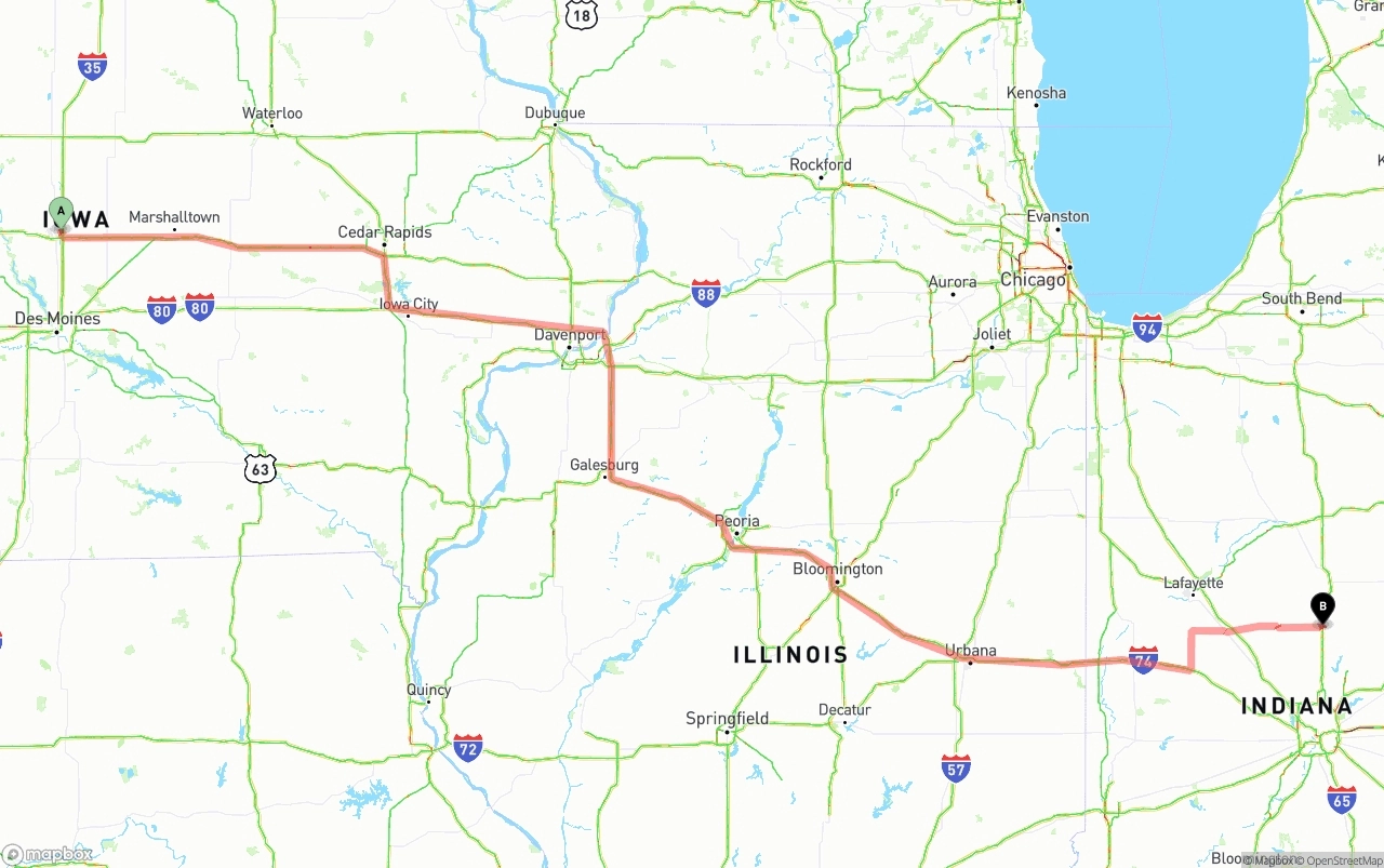 Shipping route from Iowa to Indiana