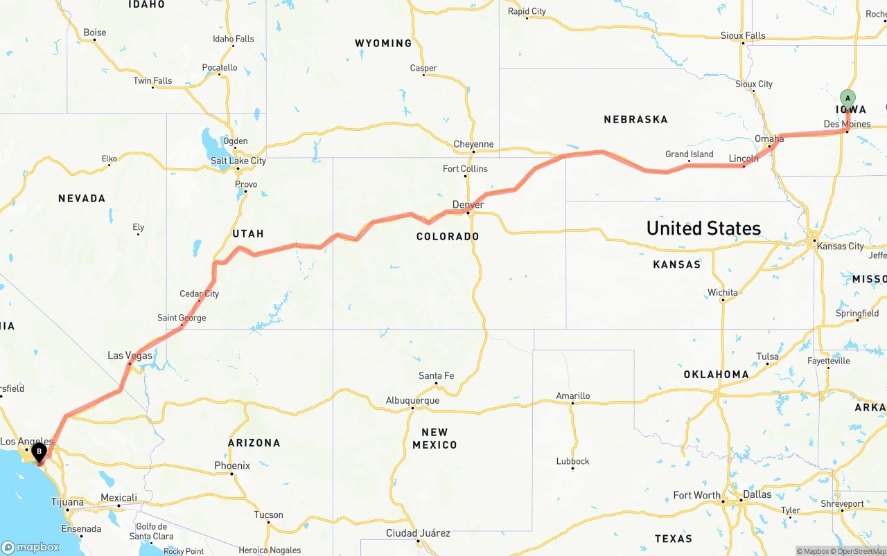 Shipping route from Iowa to John Wayne Airport — Orange County