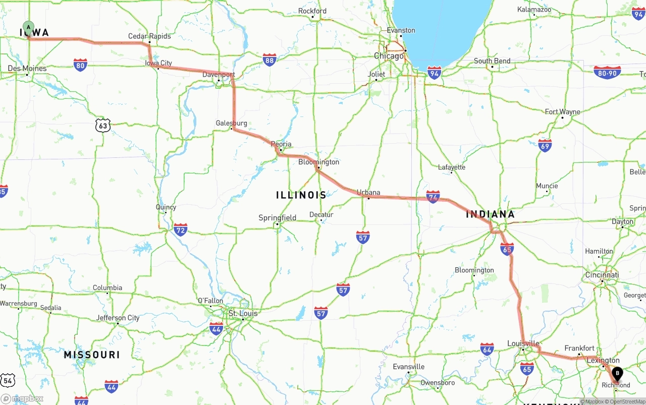 Shipping route from Iowa to Kentucky