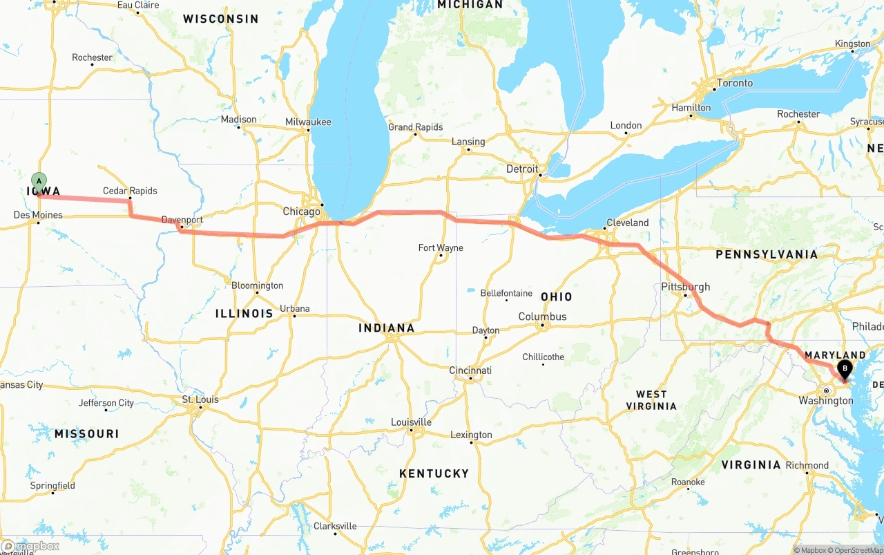 Shipping route from Iowa to Maryland