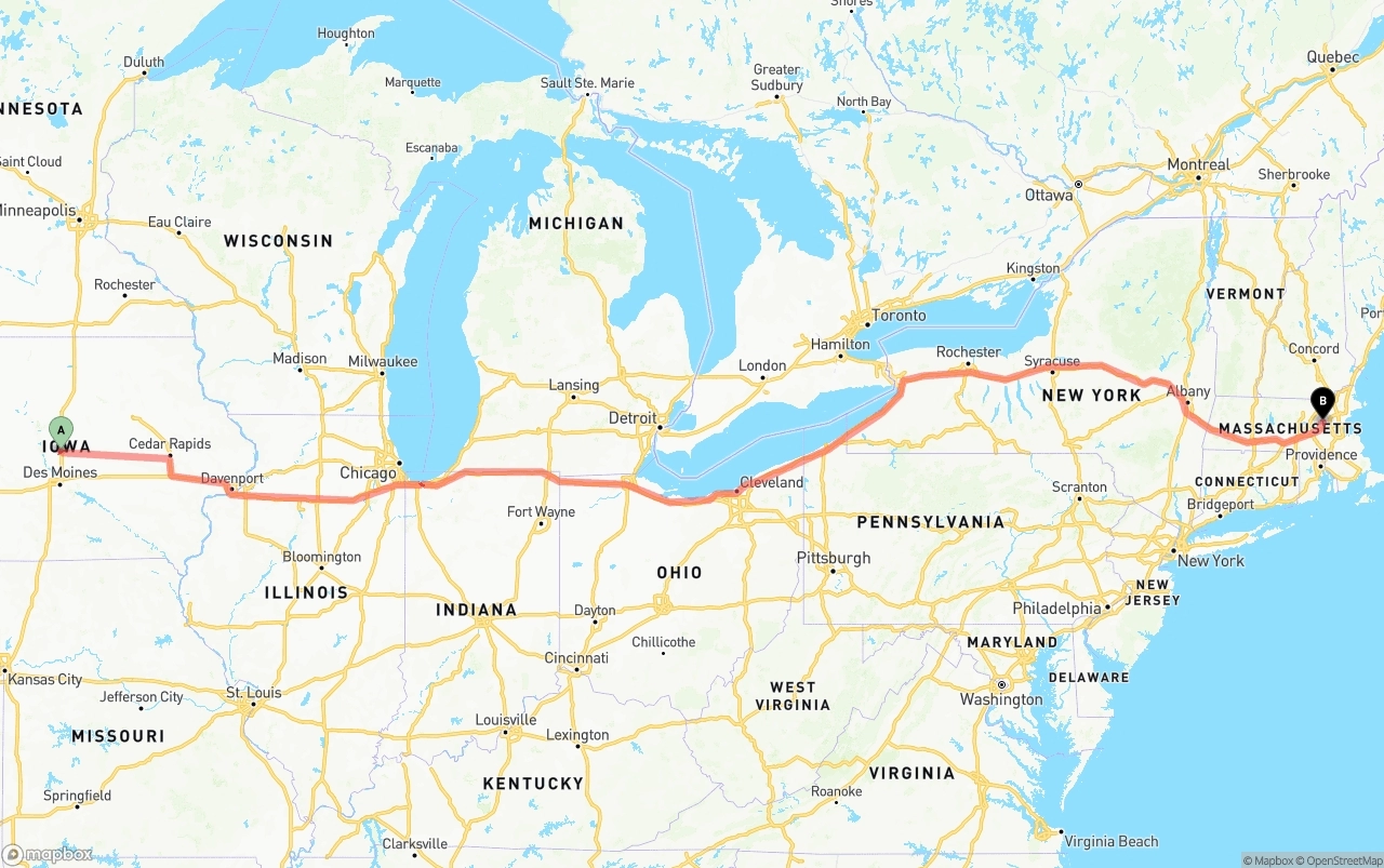 Shipping route from Iowa to Massachusetts