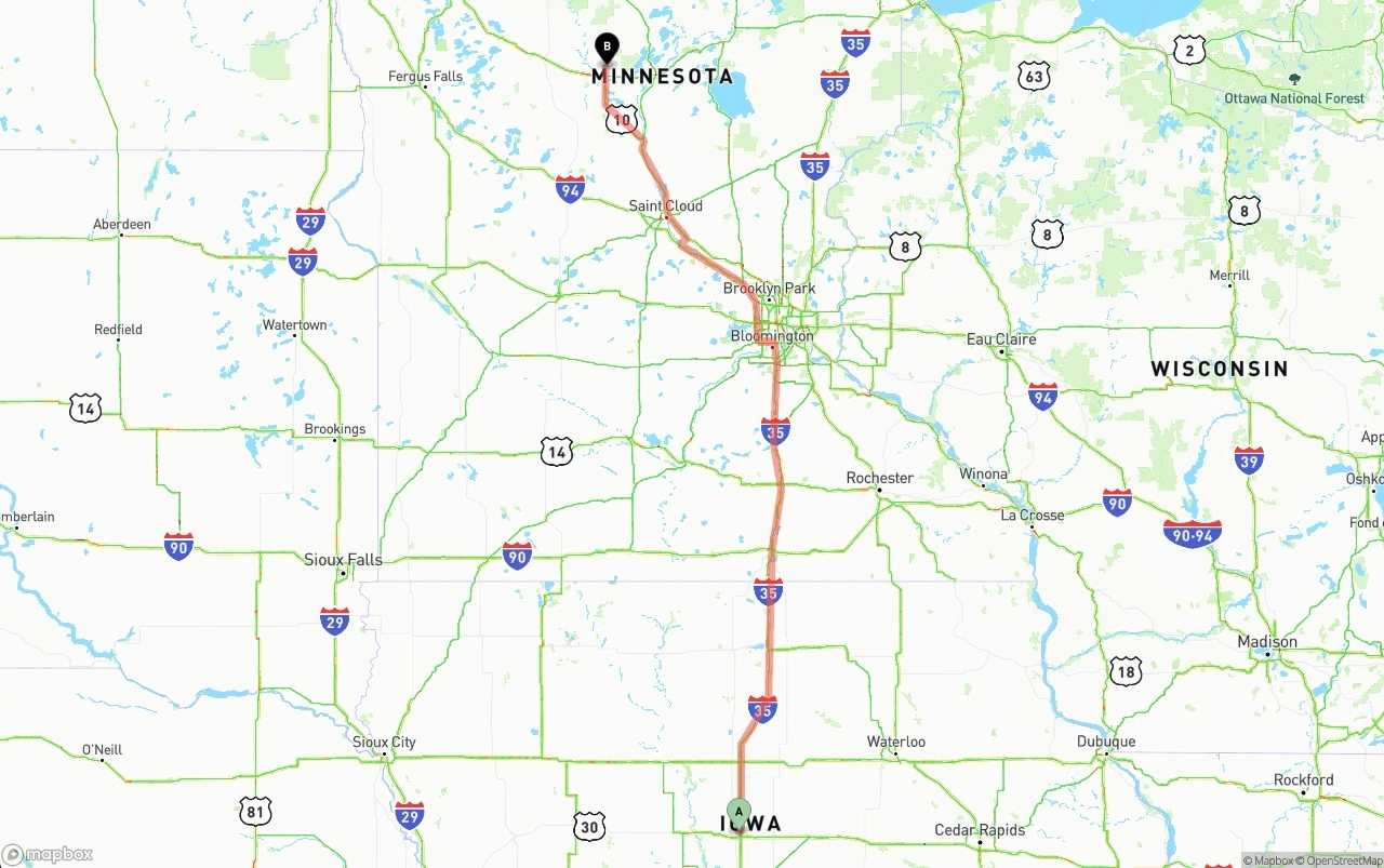 Shipping route from Iowa to Minnesota
