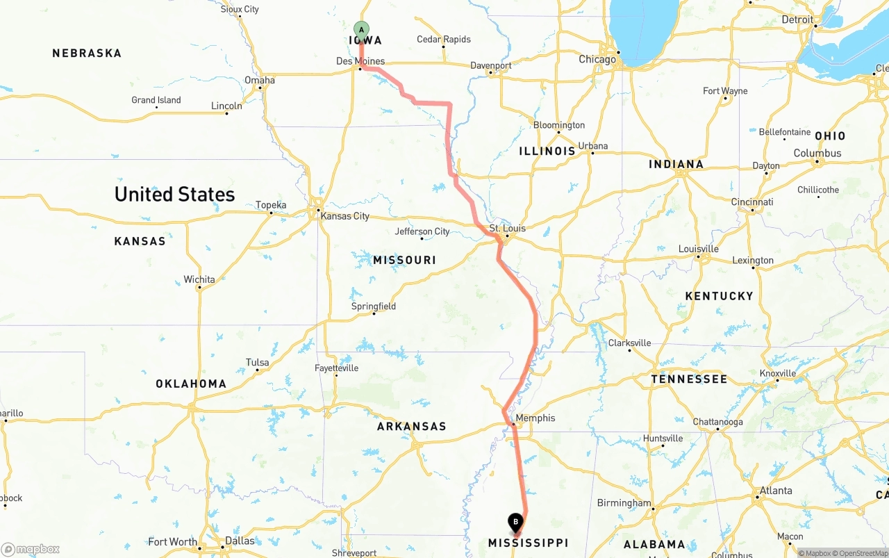 Shipping route from Iowa to Mississippi