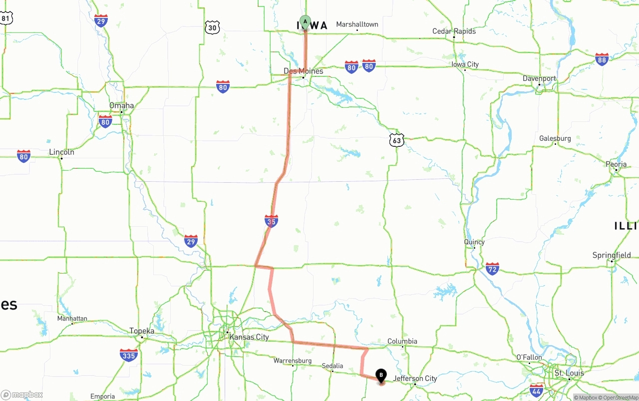 Shipping route from Iowa to Missouri