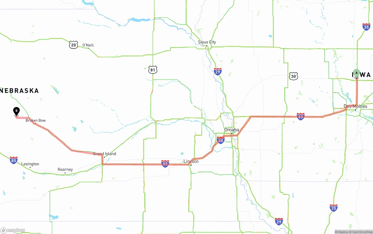 Shipping route from Iowa to Nebraska