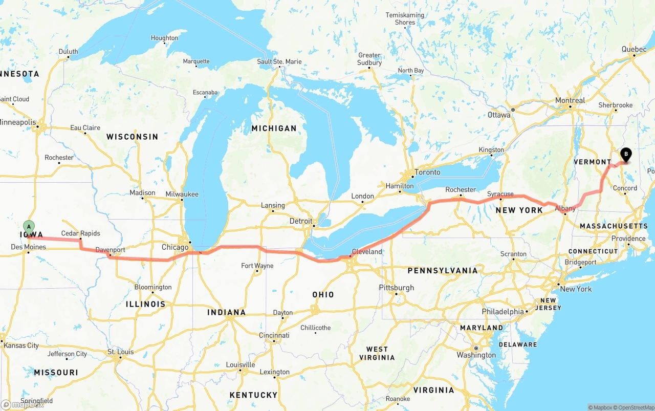 Shipping route from Iowa to New Hampshire
