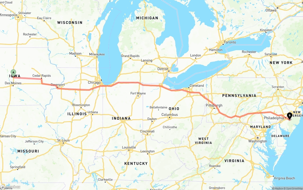 Shipping route from Iowa to New Jersey