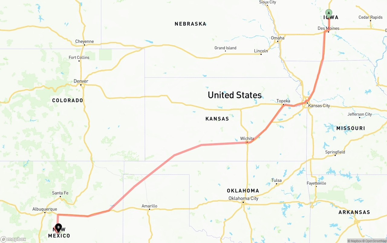 Shipping route from Iowa to New Mexico