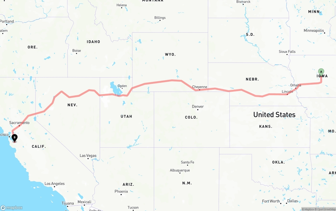 Shipping route from Iowa to Norman Y. Mineta San Jose International Airport