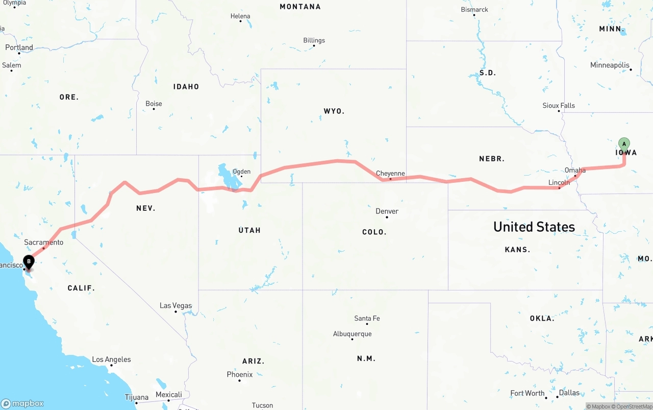 Shipping route from Iowa to Oakland International Airport