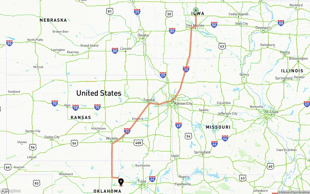 Shipping route from Iowa to Oklahoma