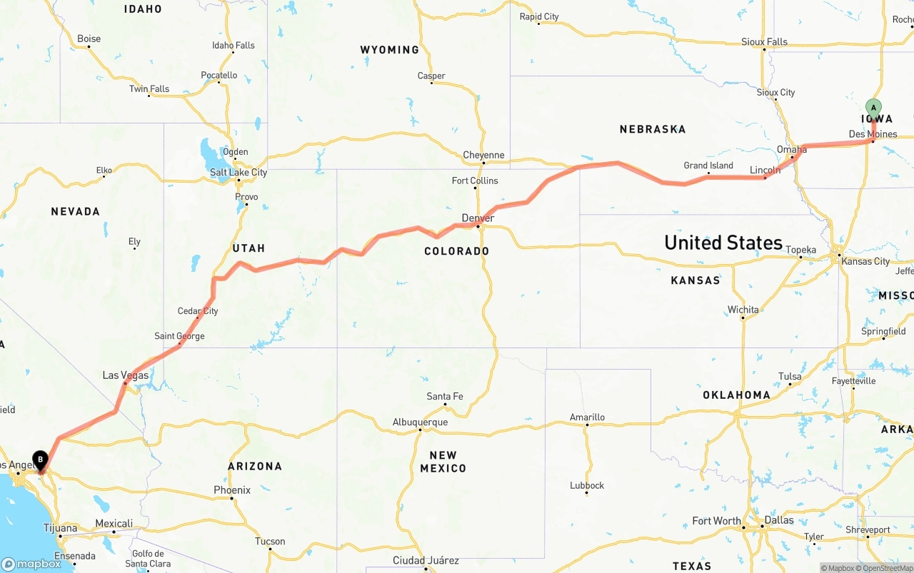 Shipping route from Iowa to Ontario International Airport