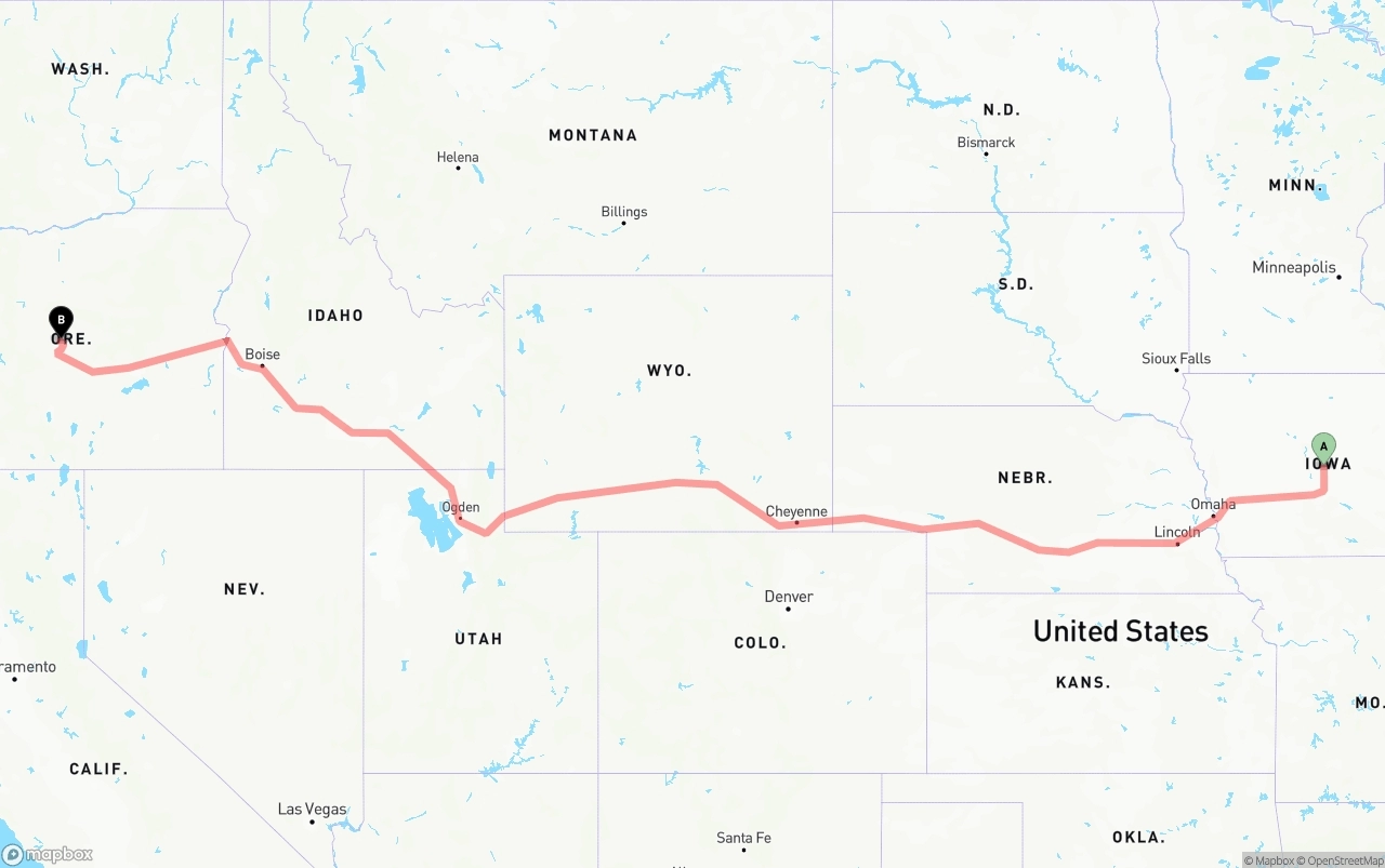 Shipping route from Iowa to Oregon