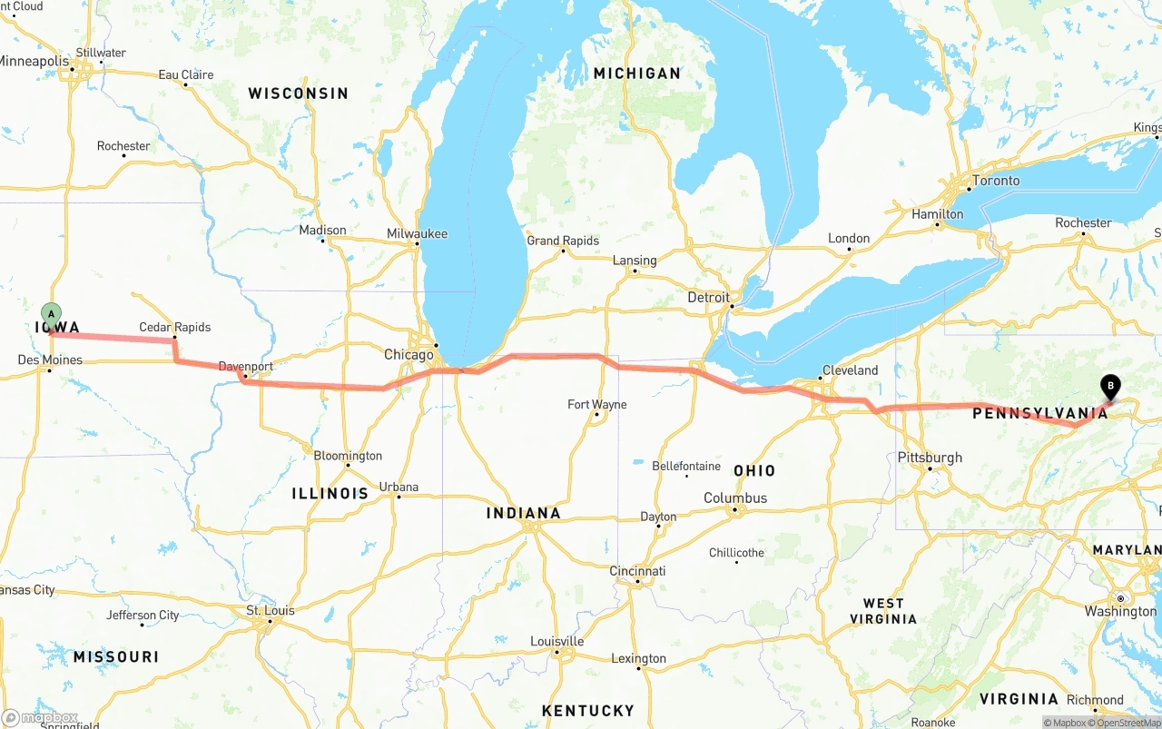 Shipping route from Iowa to Pennsylvania