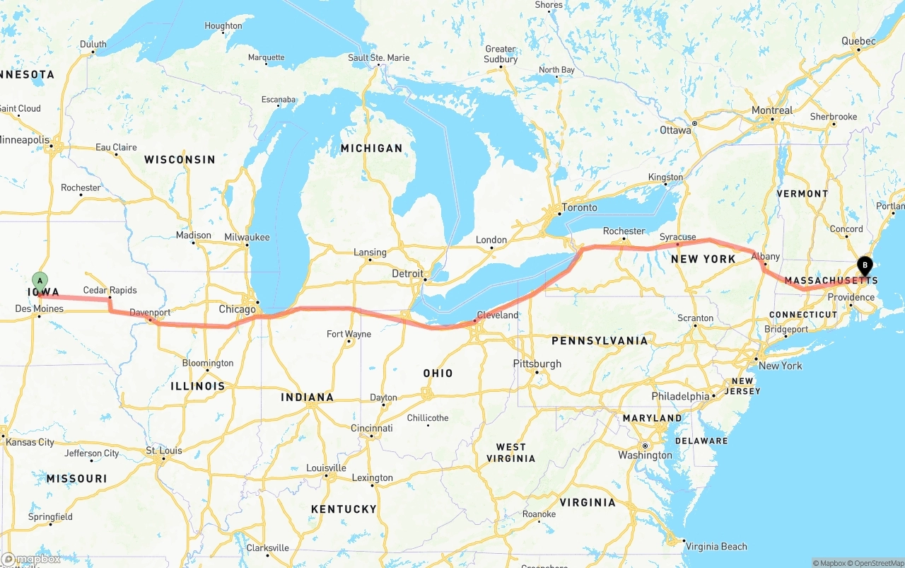 Shipping route from Iowa to Port of Boston