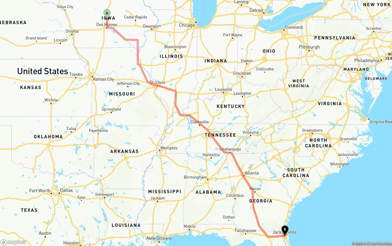 Shipping route from Iowa to Port of Jacksonville