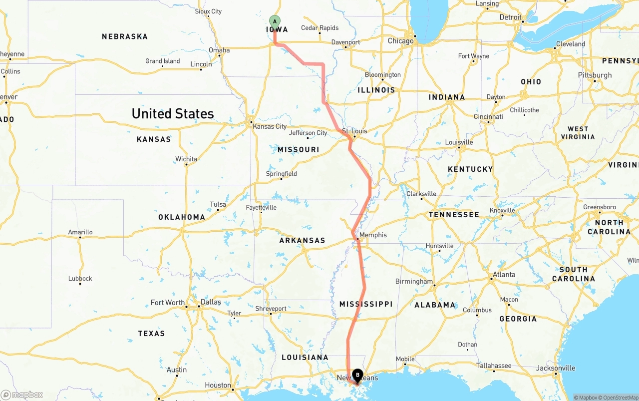 Shipping route from Iowa to Port of New Orleans