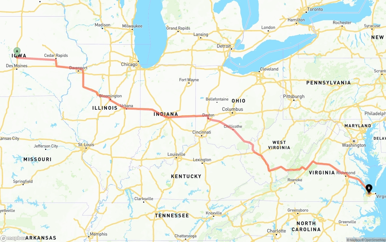 Shipping route from Iowa to Port of Norfolk