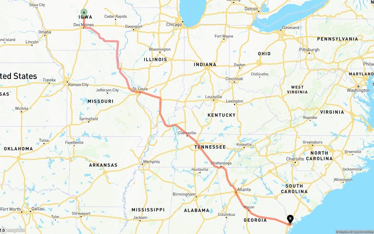 Shipping route from Iowa to Port of Savannah