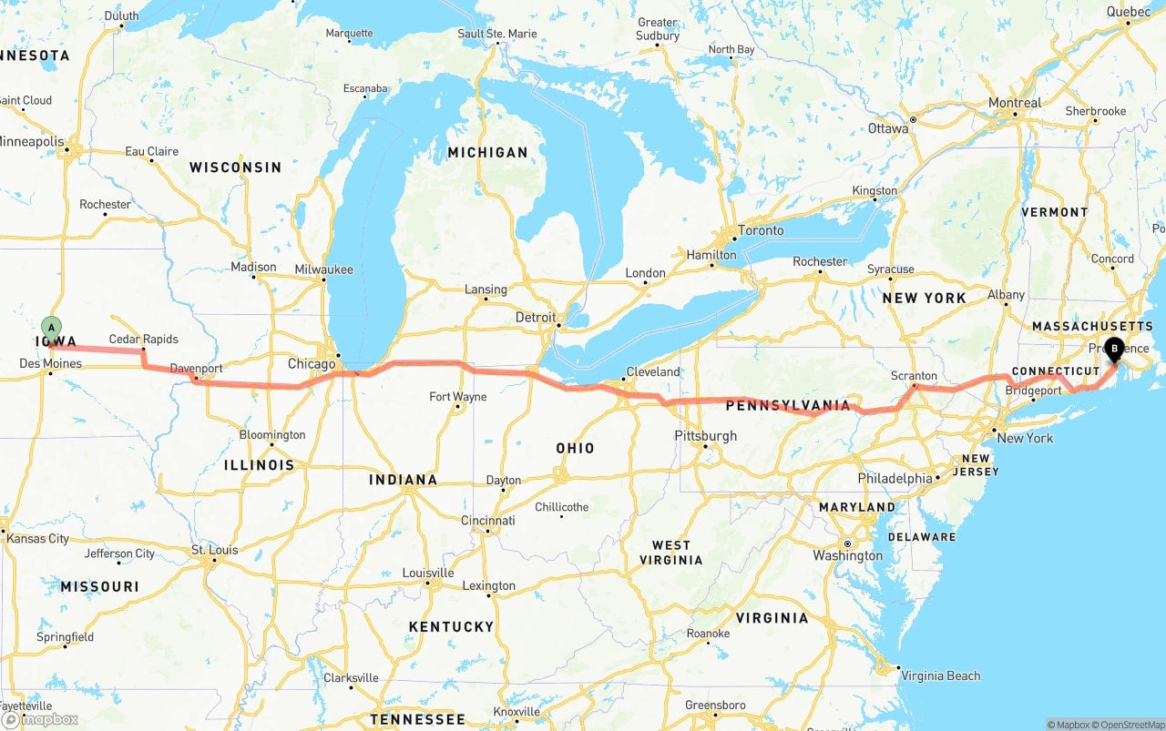 Shipping route from Iowa to Rhode Island