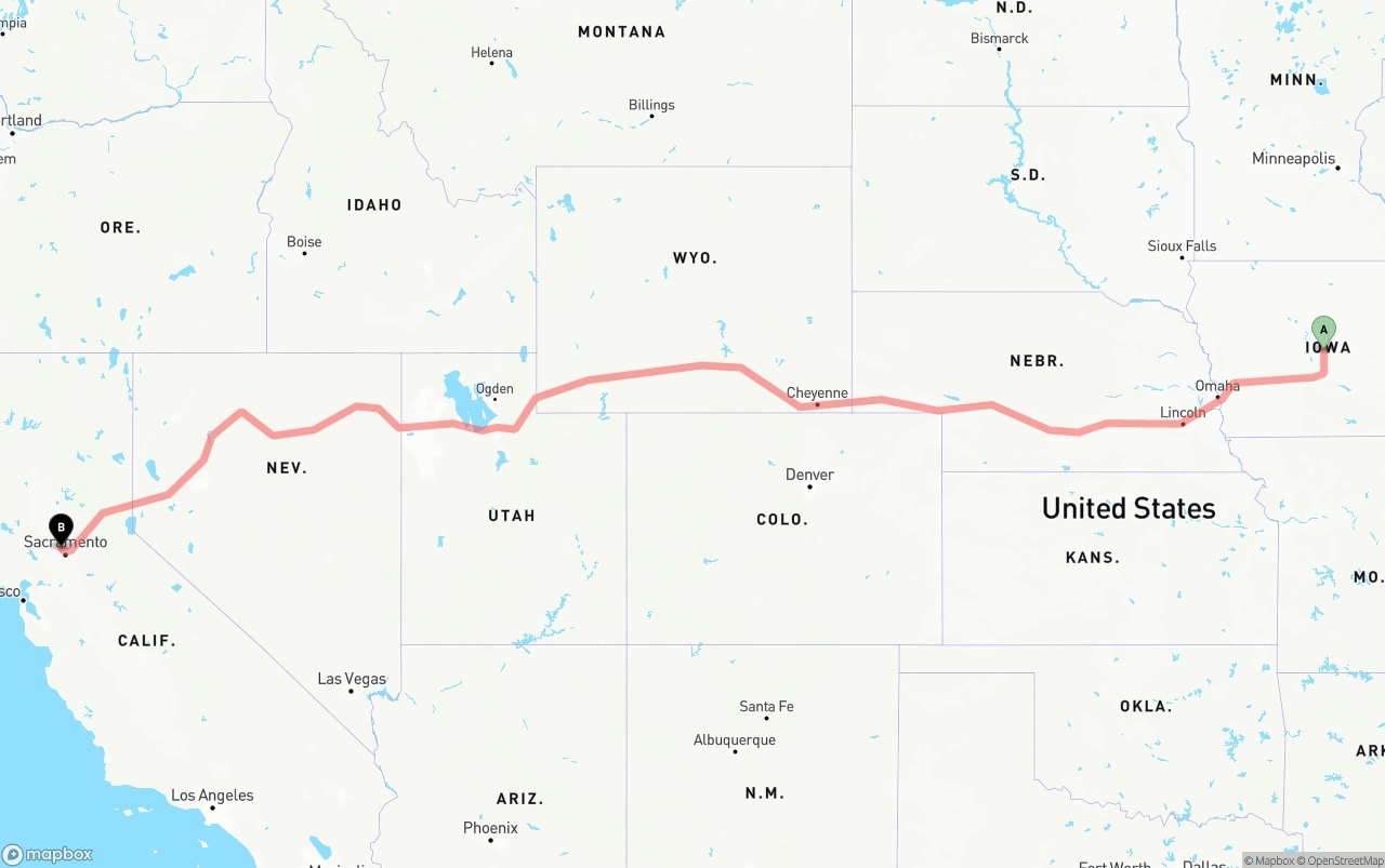 Shipping route from Iowa to Sacramento International Airport