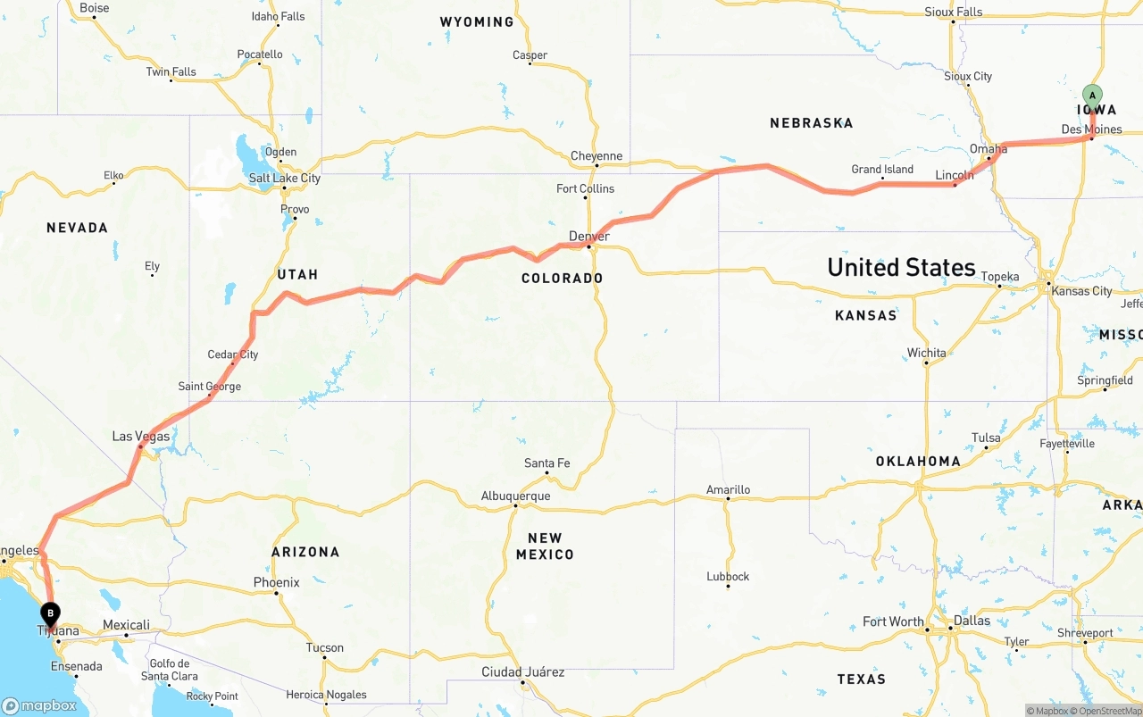 Shipping route from Iowa to San Diego International Airport