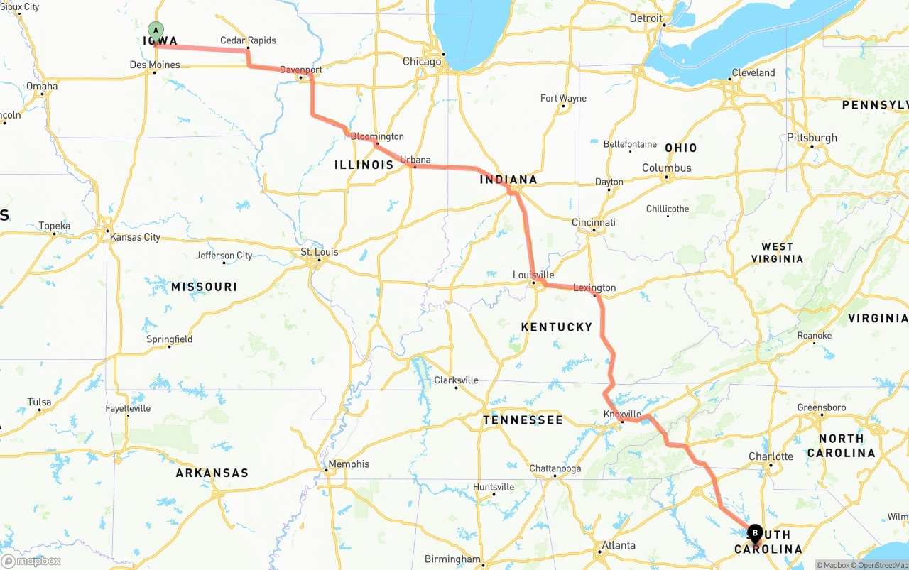 Shipping route from Iowa to South Carolina