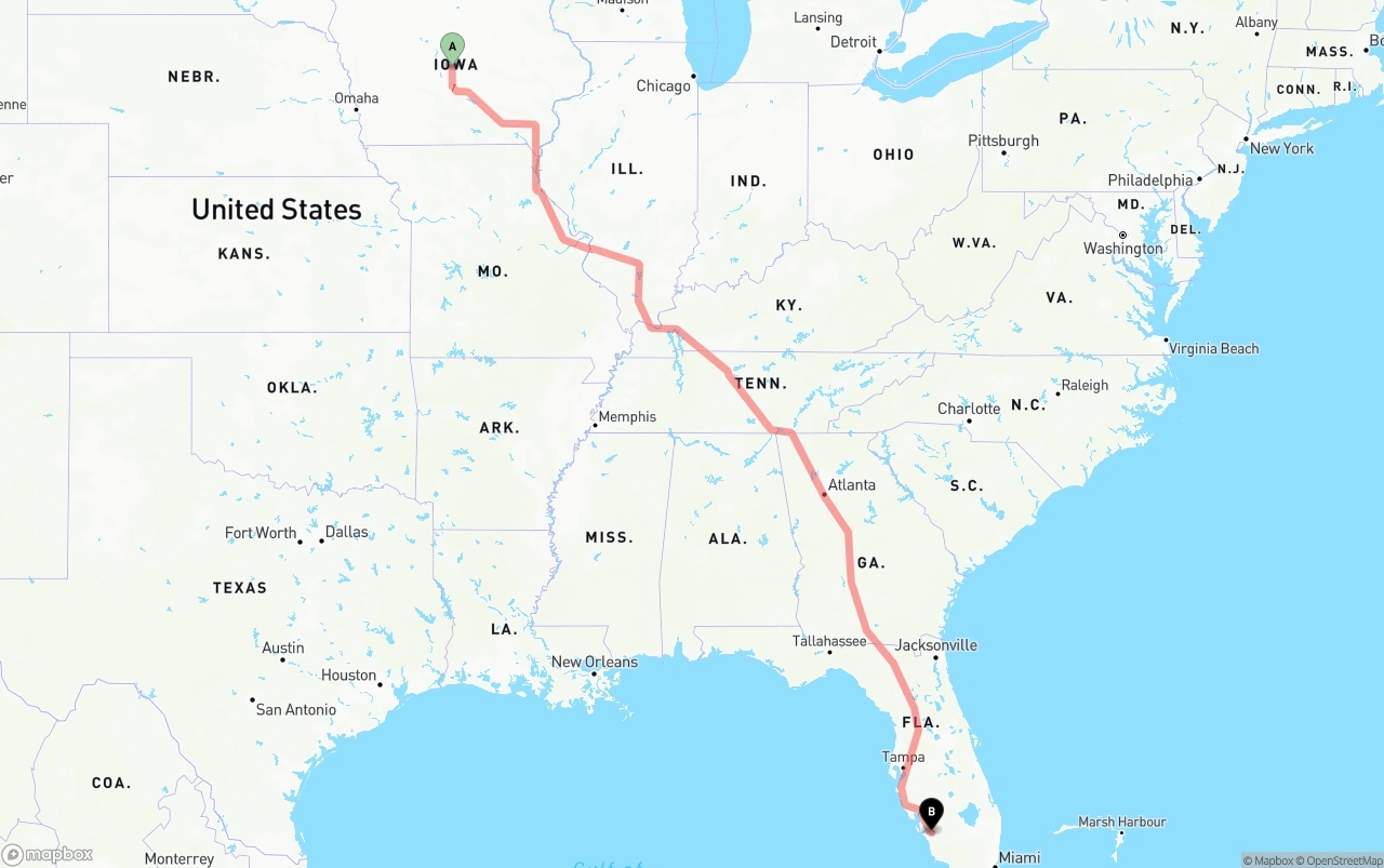 Shipping route from Iowa to Southwest Florida International Airport
