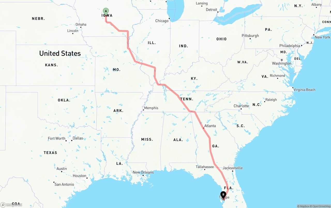 Shipping route from Iowa to Tampa International Airport