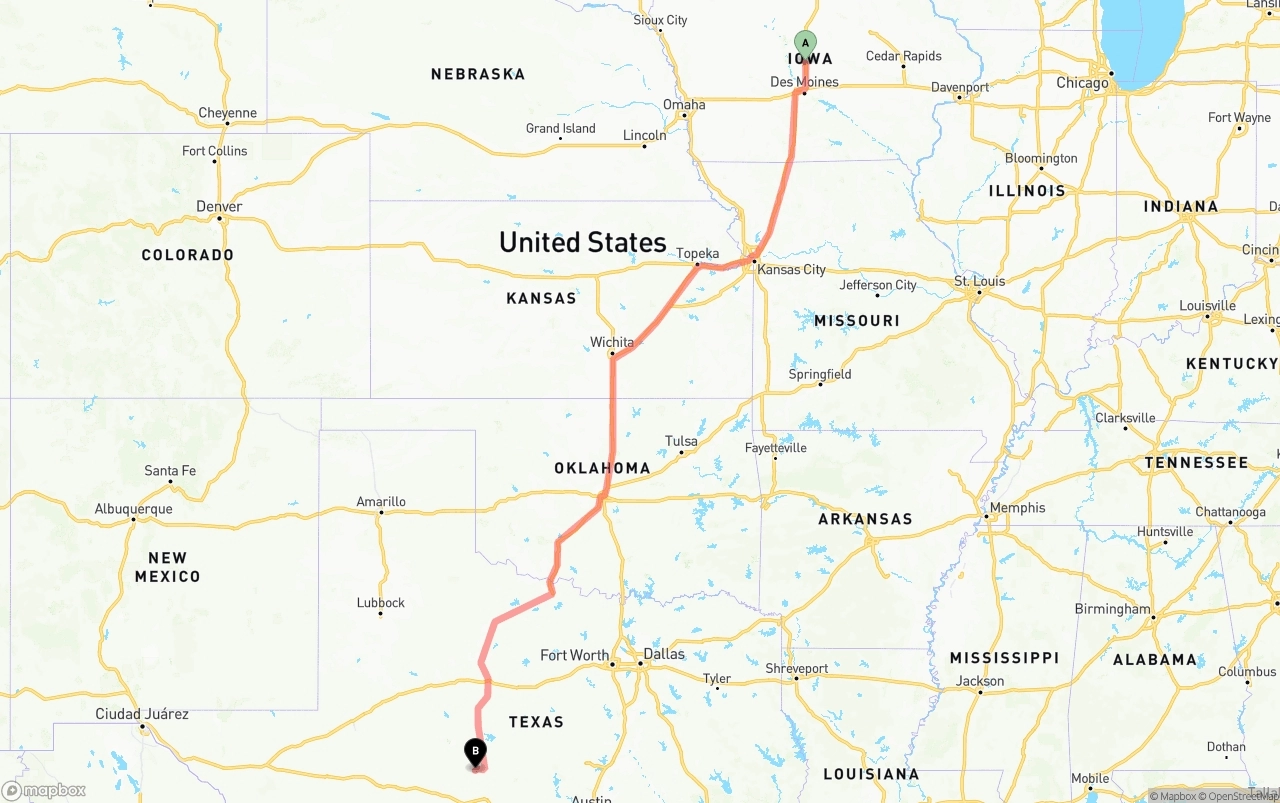 Shipping route from Iowa to Texas