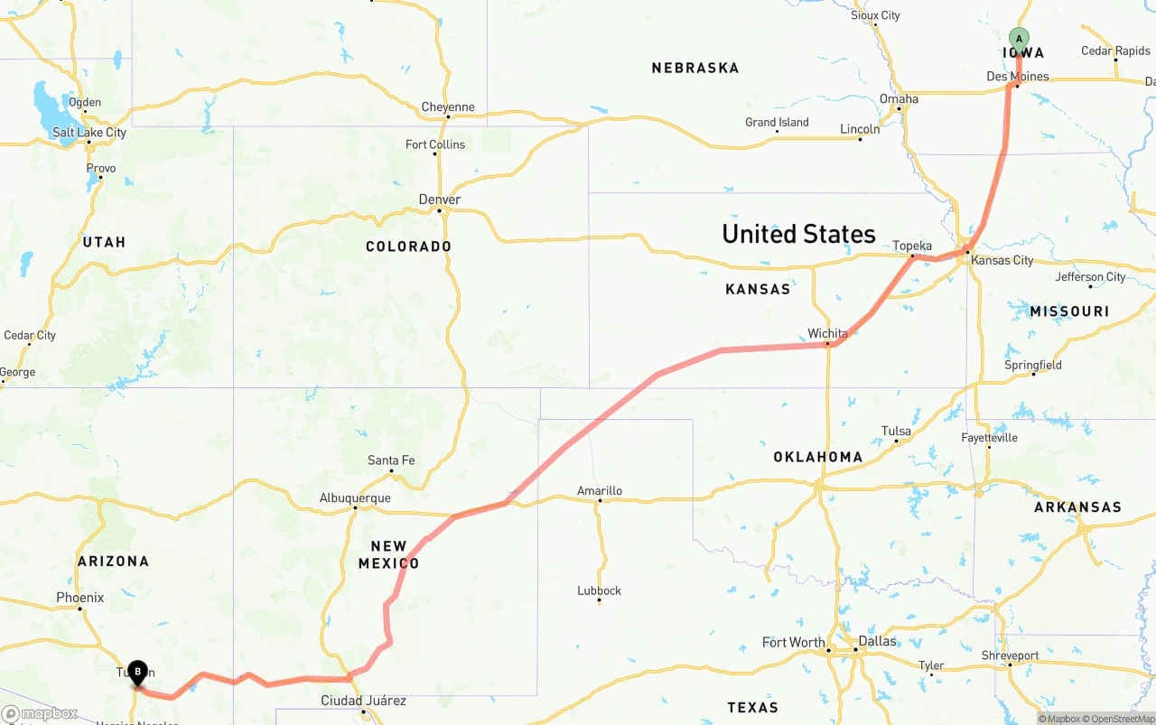Shipping route from Iowa to Tucson International Airport