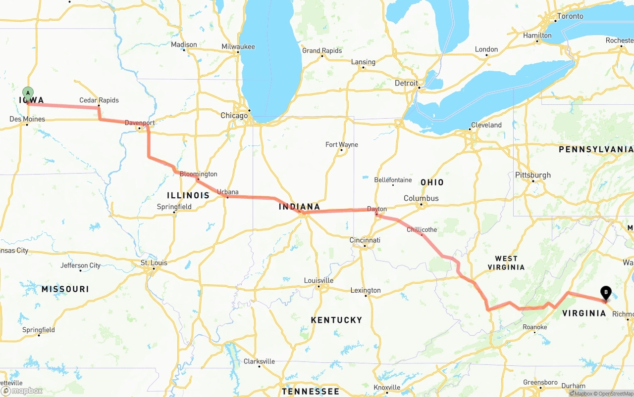 Shipping route from Iowa to Virginia