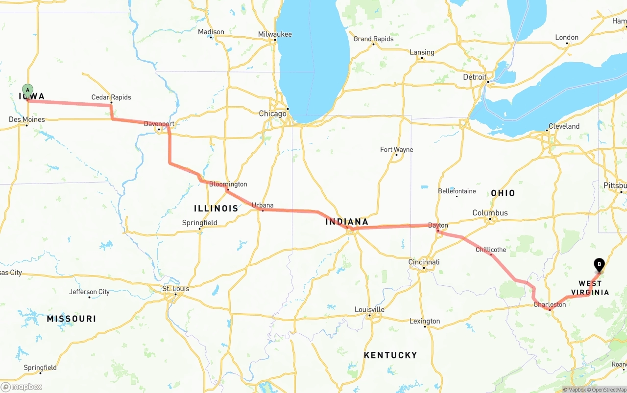Shipping route from Iowa to West Virginia