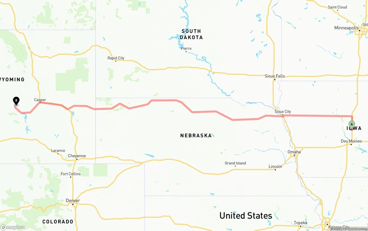 Shipping route from Iowa to Wyoming