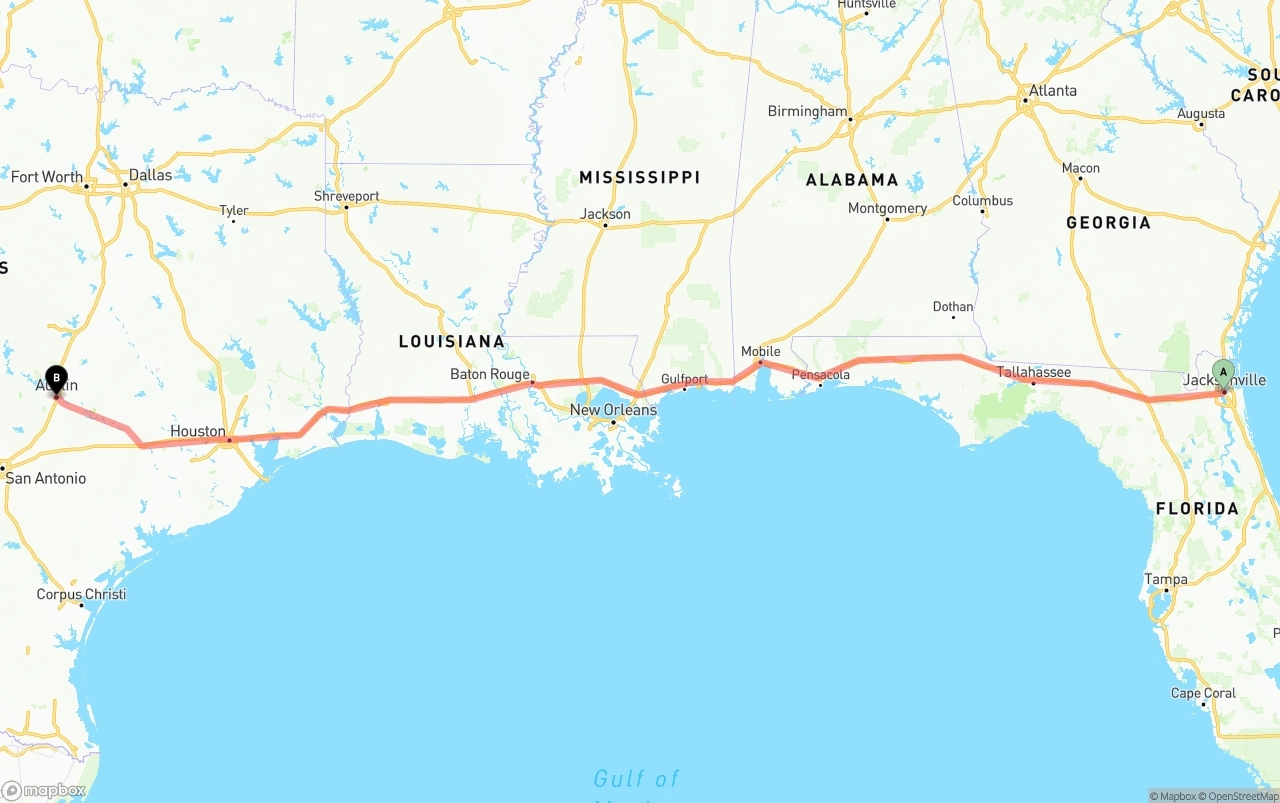 Shipping route from Jacksonville to Austin