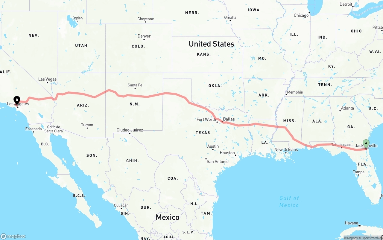 Shipping route from Jacksonville to Bob Hope Airport