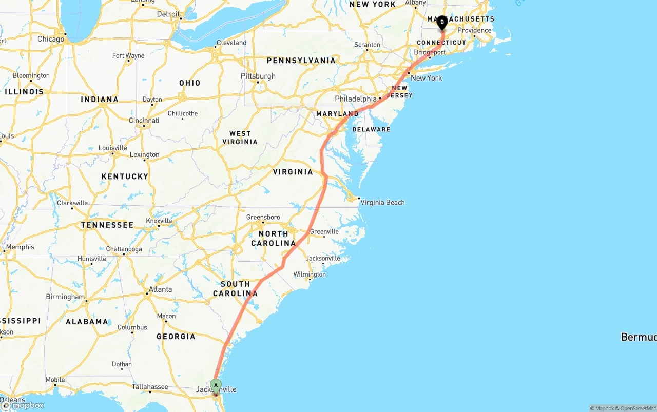 Shipping route from Jacksonville to Bradley International Airport
