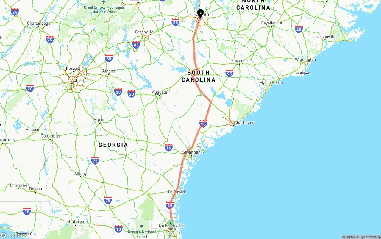 Shipping route from Jacksonville to Charlotte