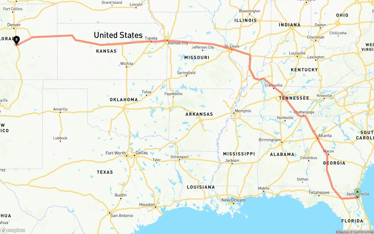 Shipping route from Jacksonville to Colorado Springs