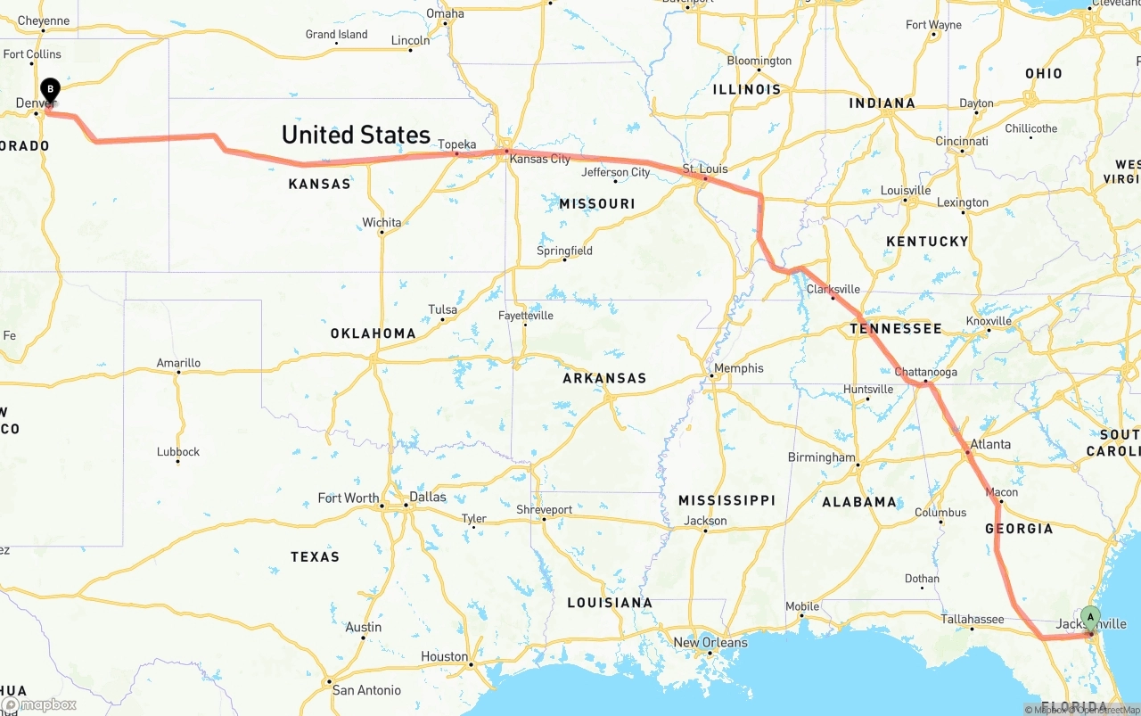 Shipping route from Jacksonville to Denver International Airport