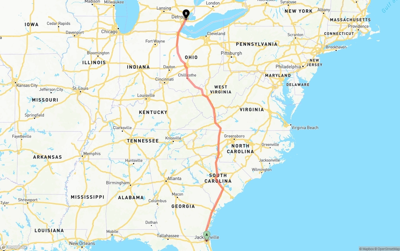 Shipping route from Jacksonville to Detroit