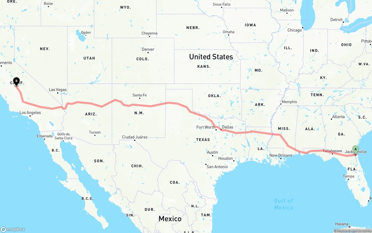 Shipping route from Jacksonville to Fresno