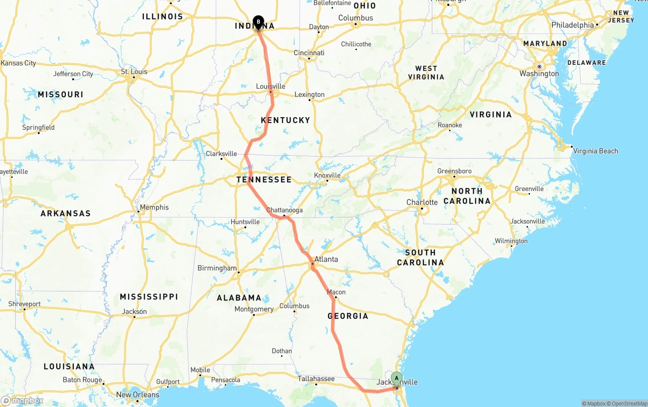 Shipping route from Jacksonville to Indianapolis
