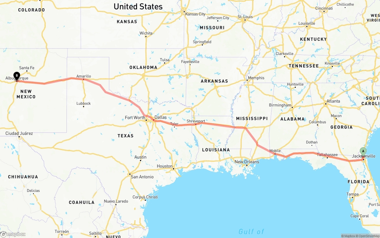 Shipping route from Jacksonville International Airport to Albuquerque