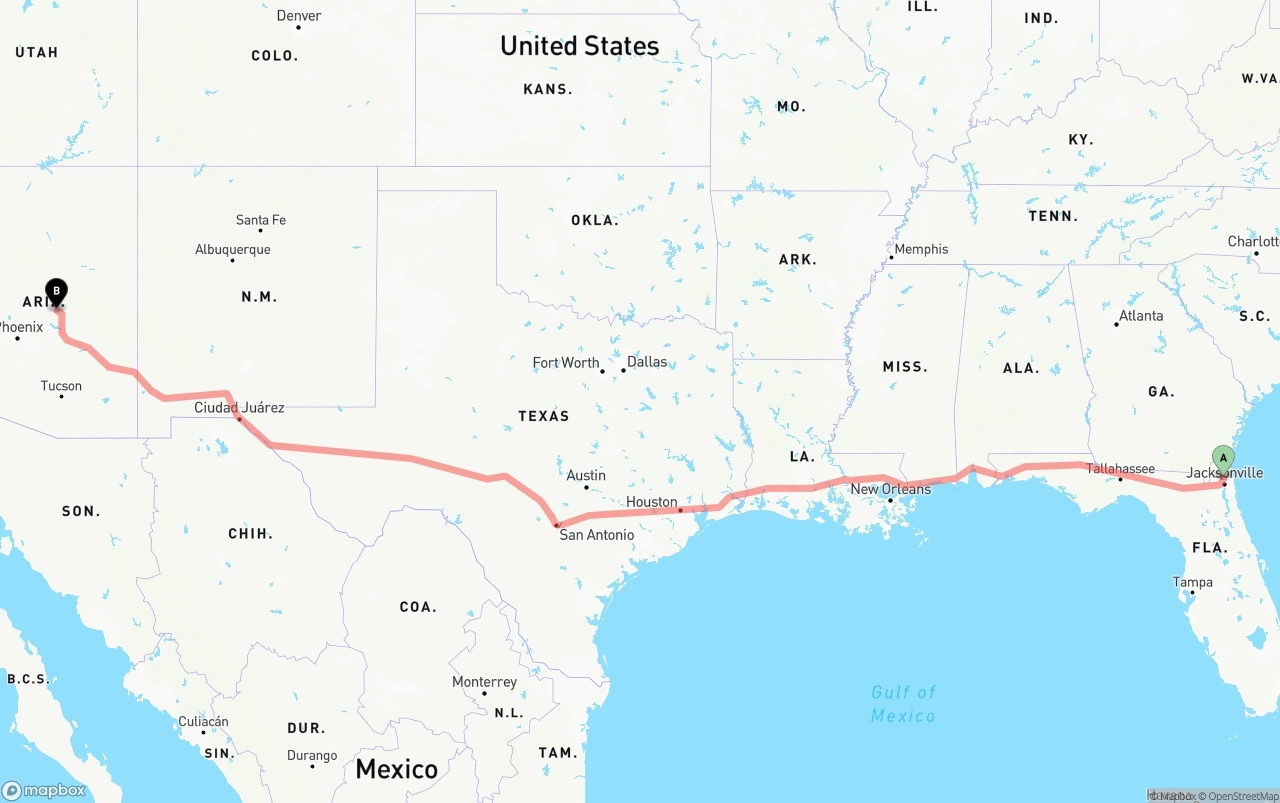 Shipping route from Jacksonville International Airport to Arizona