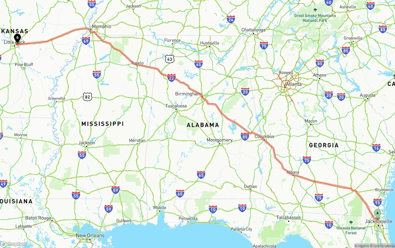 Shipping route from Jacksonville International Airport to Arkansas
