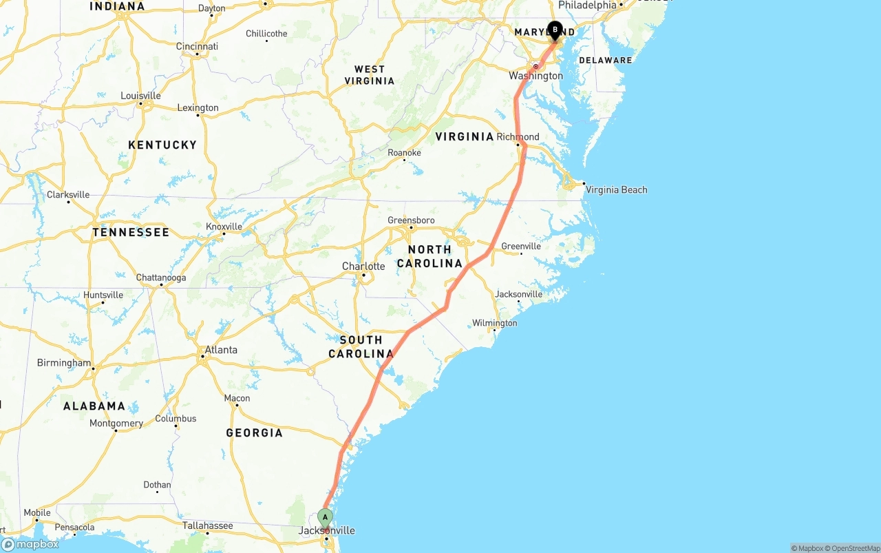 Shipping route from Jacksonville International Airport to Baltimore