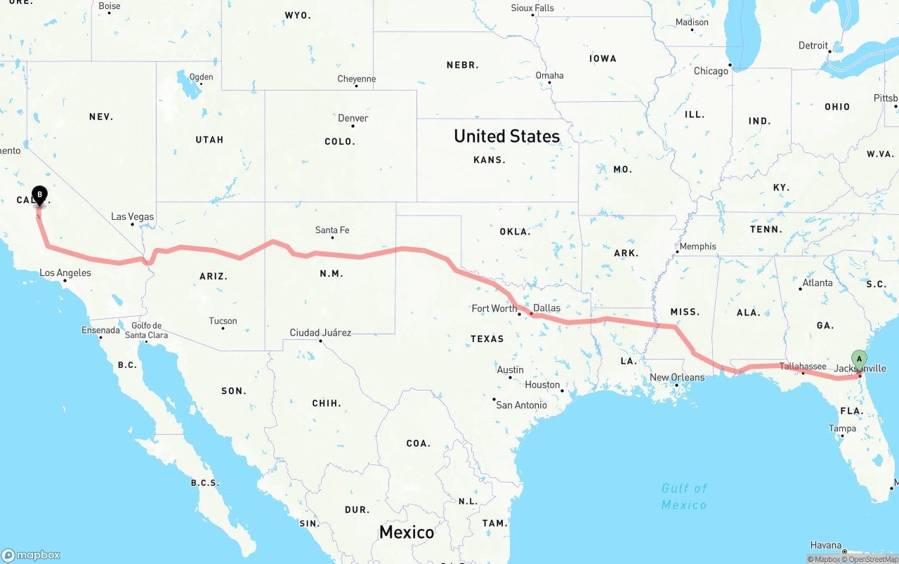 Shipping route from Jacksonville International Airport to California