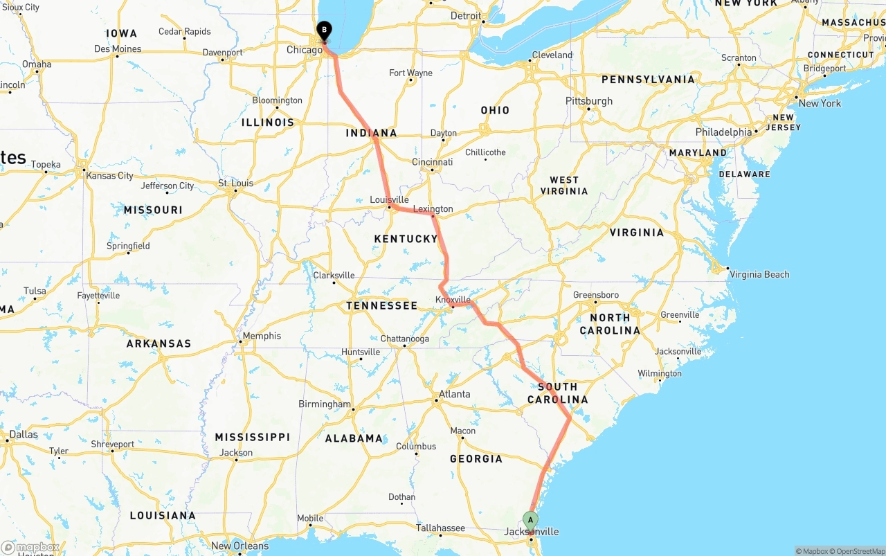 Shipping route from Jacksonville International Airport to Chicago